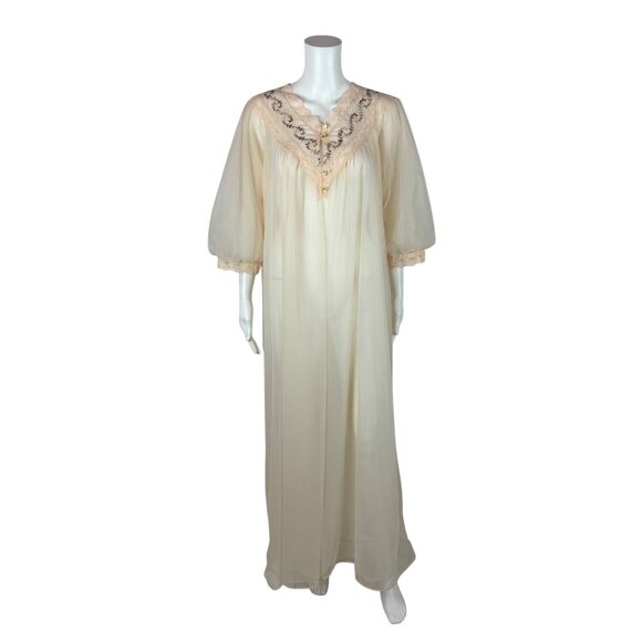Vintage 80s Sheer Peignoir Women's Large Cream Chiffon Robe Deadstock JCPenney - Picture 1 of 11